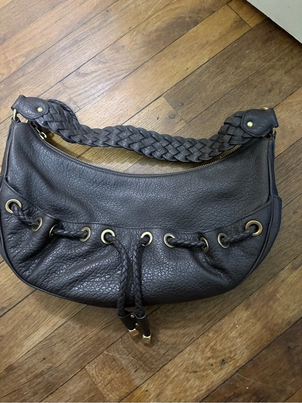 Michael Kors Vintage Braided Handle Pebble Leather Hobo - Dark Brown